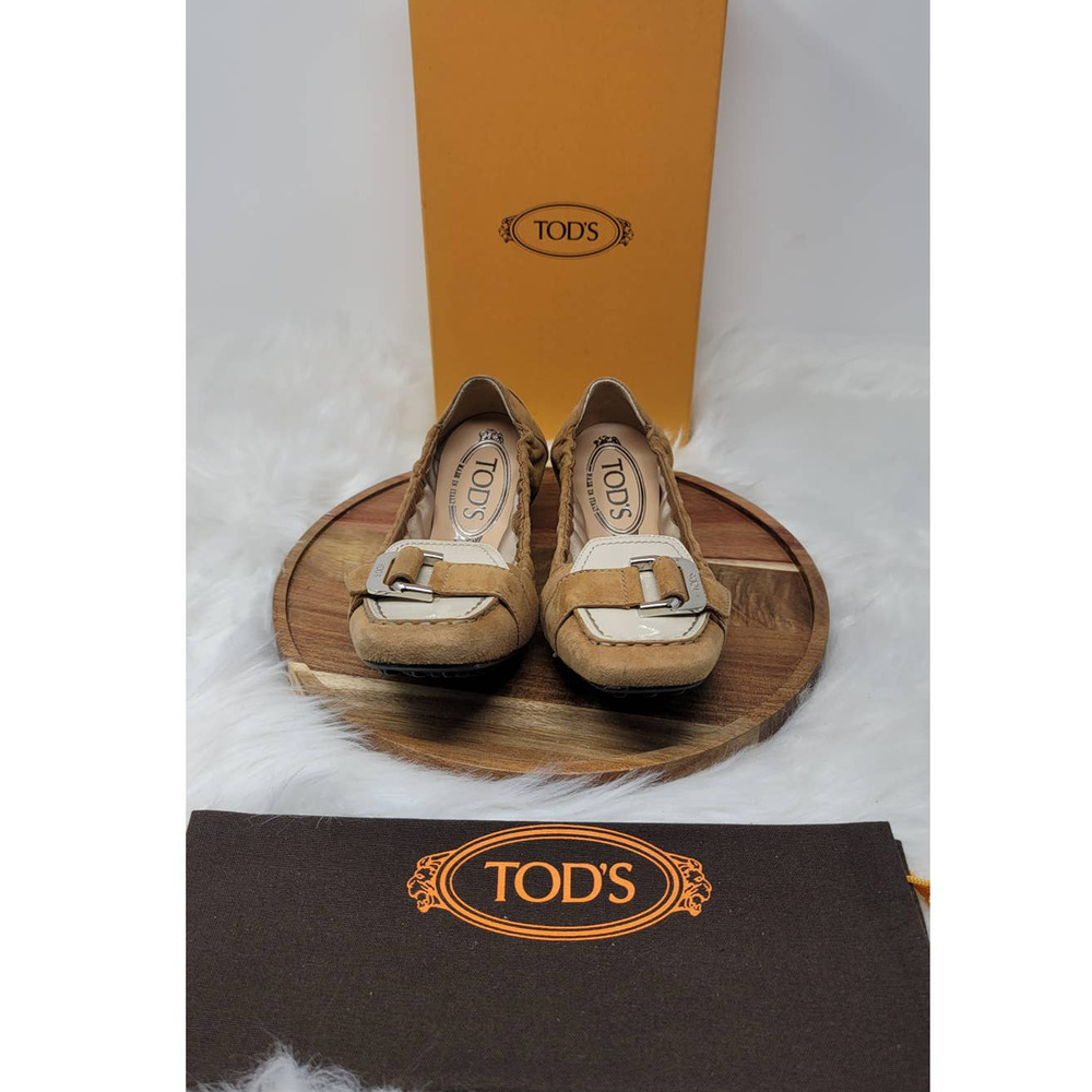 Tod's Bilbao Laccetto Tan White Leather Ballerina Women's Flats 5.5 With Box